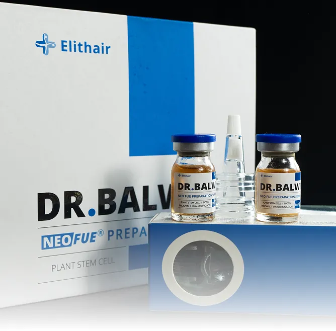 A professional kit of Dr. Balwi Neo FUE Preparation Serum by Elithair, featuring two glass vials of plant stem cell serum and a specialized applicator